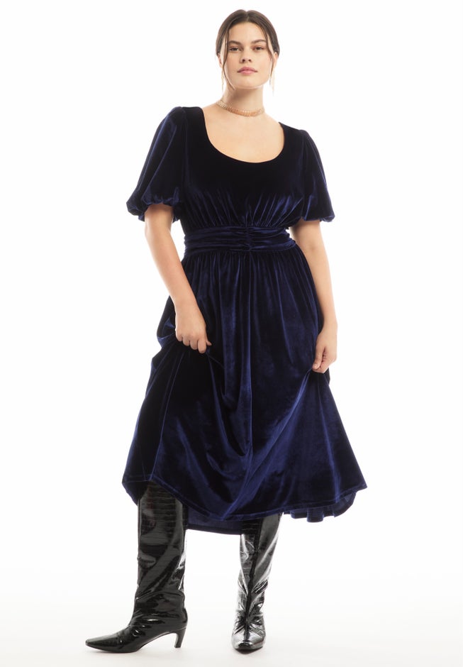 Puff Sleeve Stretch-Velvet Midi Dress image number 0