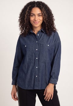 100% Cotton Denim Oversized Button-Front Collared Shirt