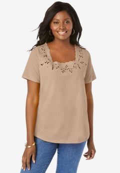 Stretch Cotton Eyelet Cutout Tee