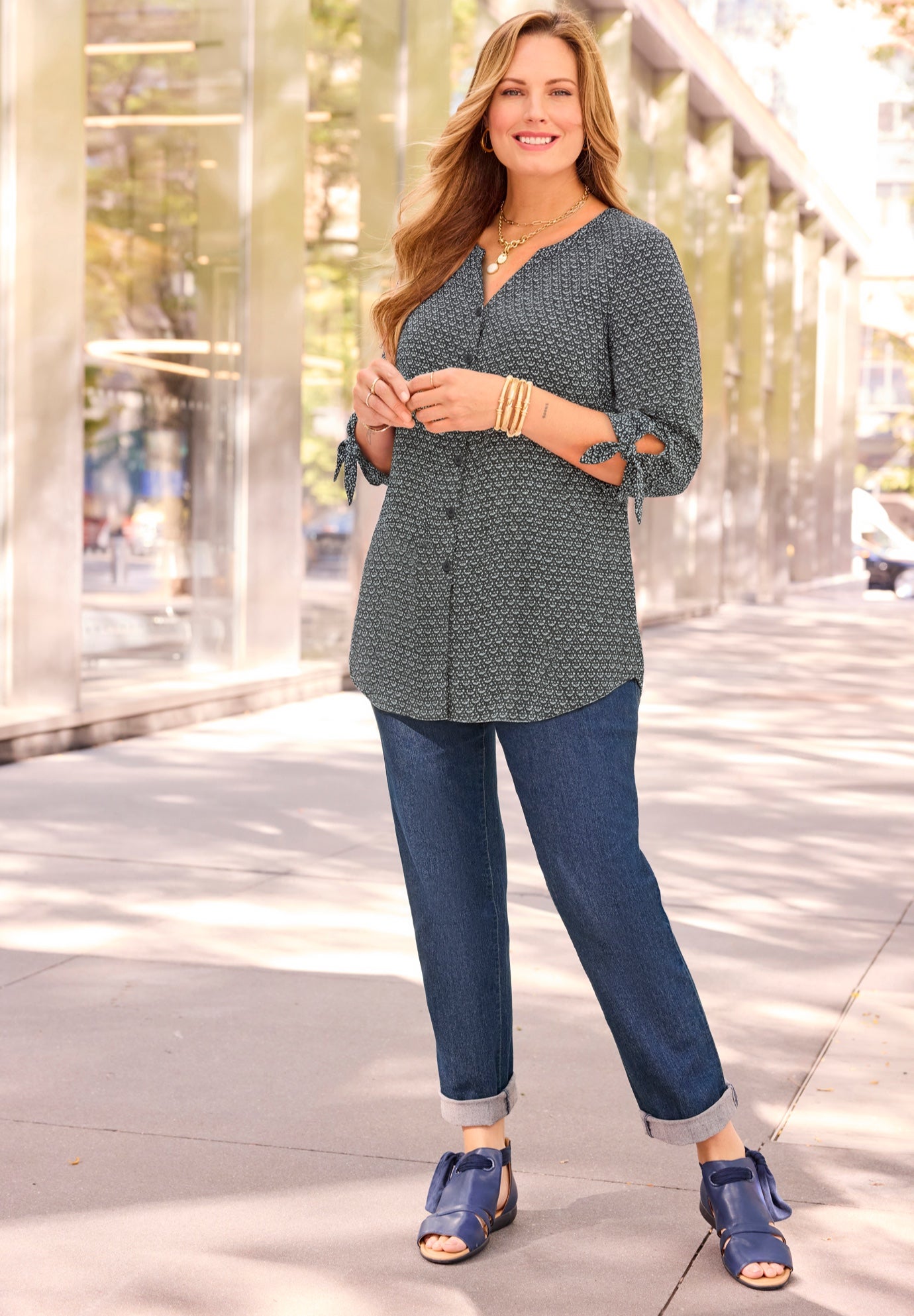 Georgette Buttonfront Tie Sleeve Cafe Blouse image number 3