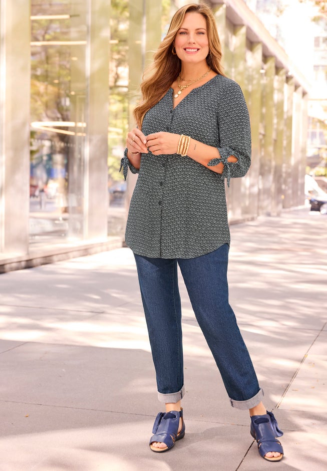 Georgette Buttonfront Tie Sleeve Cafe Blouse image number 3