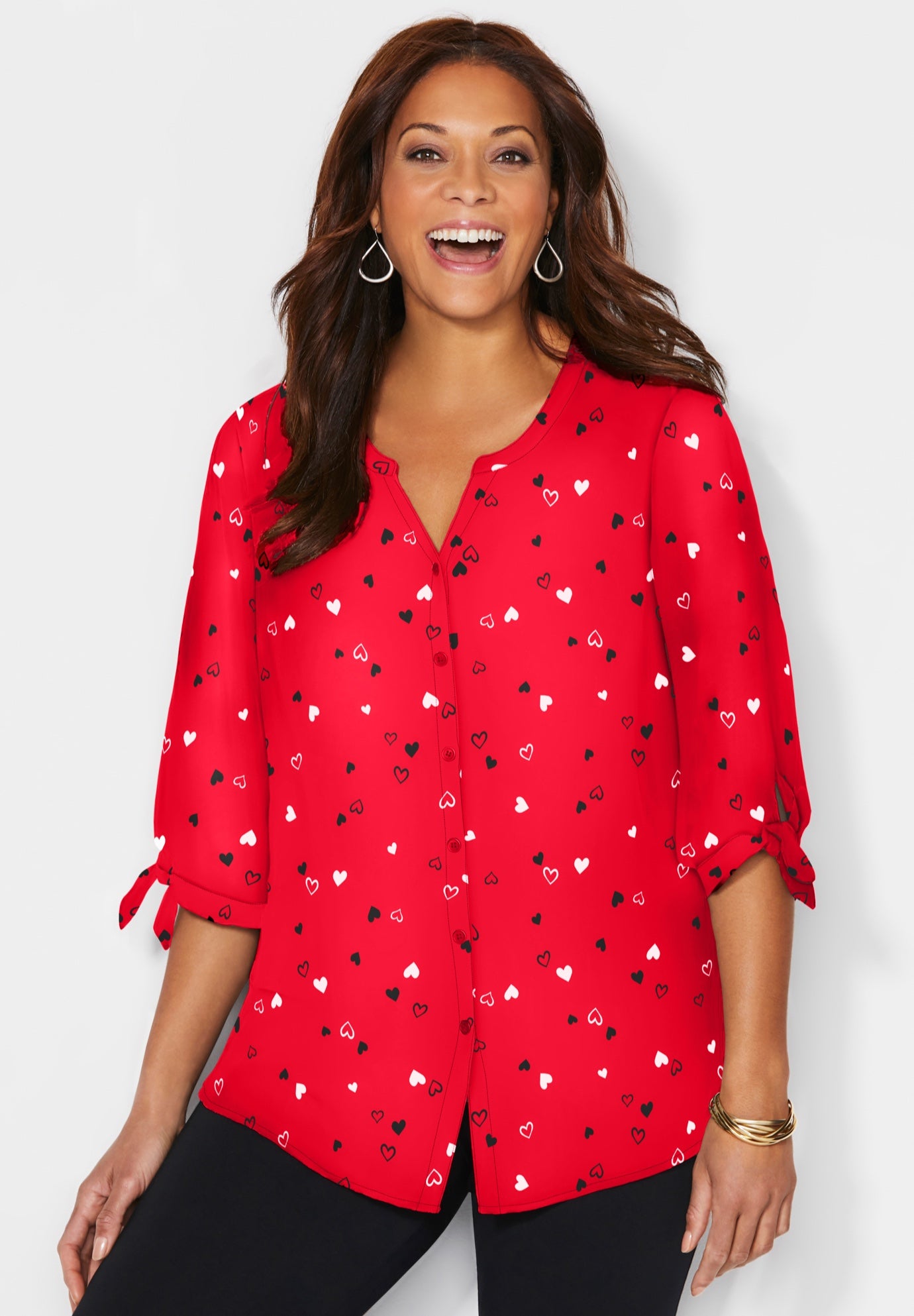 Georgette Buttonfront Tie Sleeve Cafe Blouse image number 0