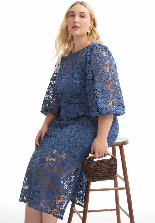 Puff Sleeve Lace Midi Dress image number null