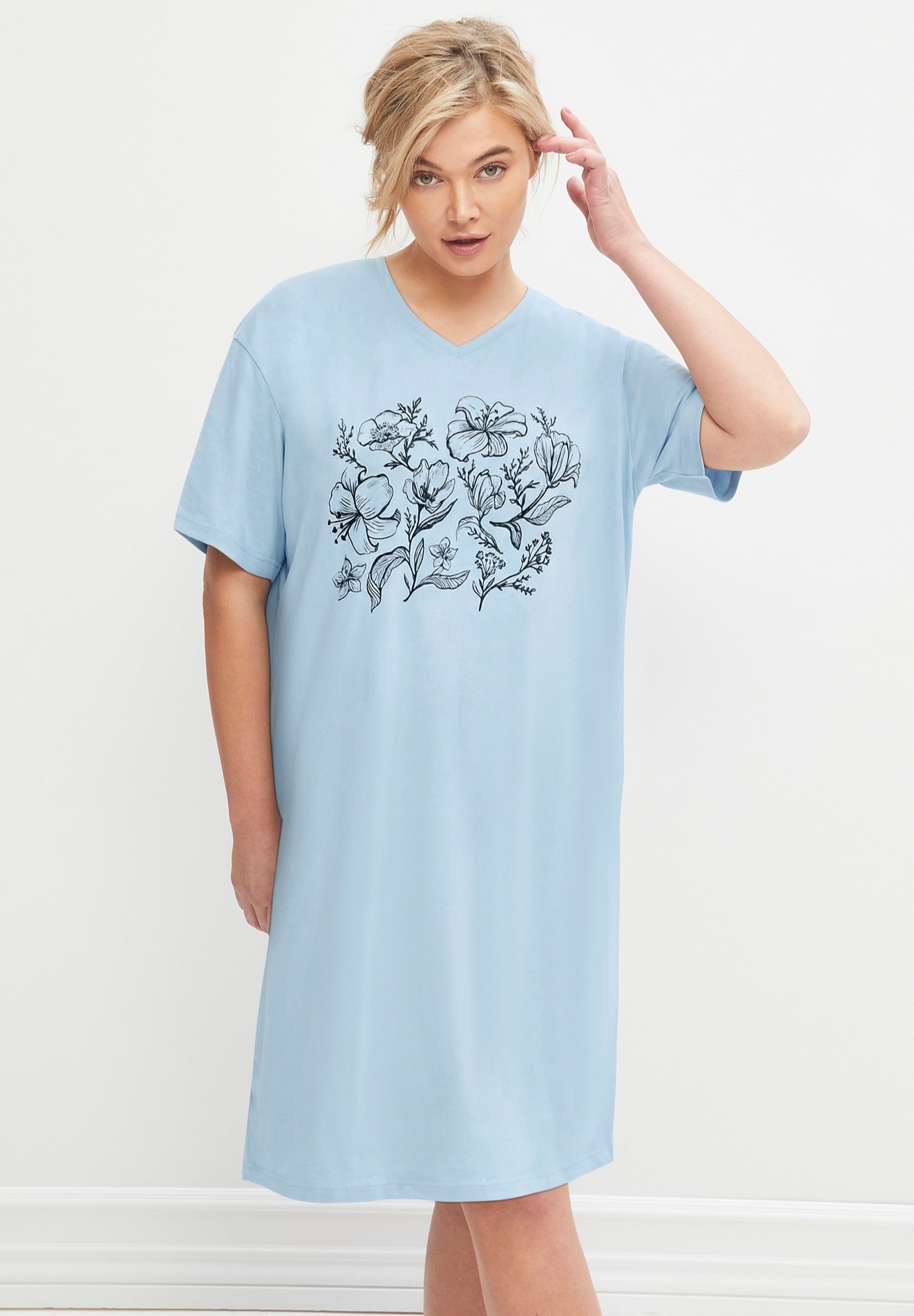 Cotton Spandex Vneck Short Sleeve Sleep Shirt image number 0