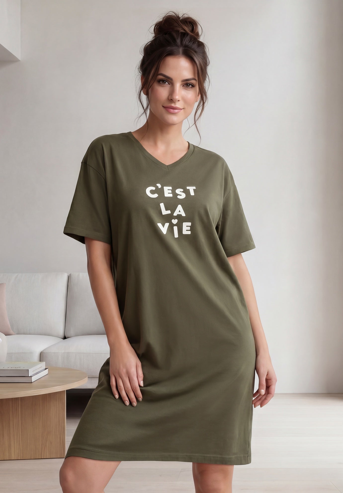 Cotton Spandex Vneck Short Sleeve Sleep Shirt image number 0