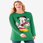 Disney Women's Long Sleeve Crew Tee Green Mickey Santa image number null