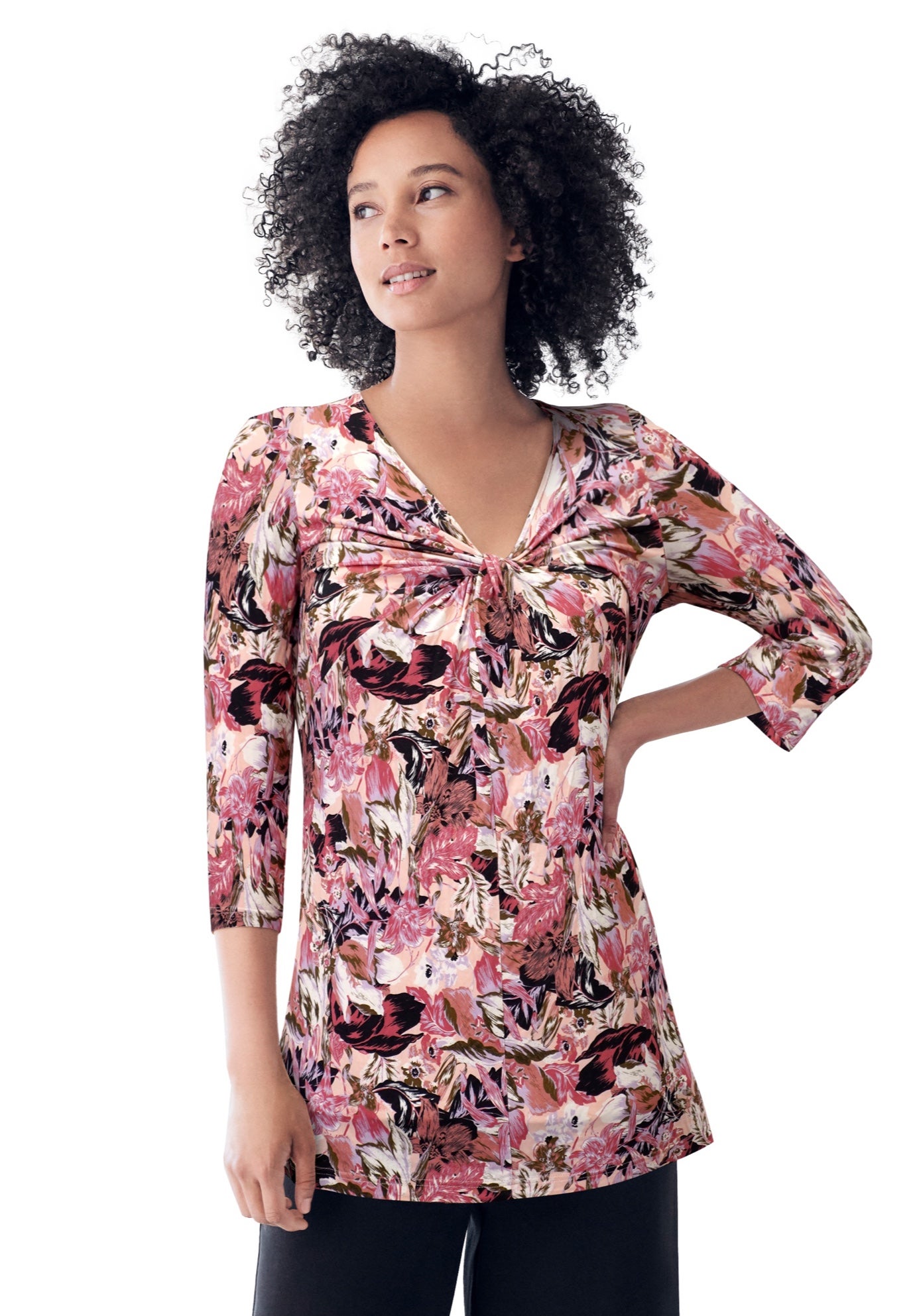 Stretch Jersey Knit V-Neck Three-Quarter Sleeve Knot Front Tunic image number 0