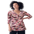 Stretch Jersey Knit V-Neck Three-Quarter Sleeve Knot Front Tunic image number 0
