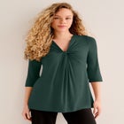 Stretch Knit V-neck 3/4 Sleeve Knot Front Tunic image number null