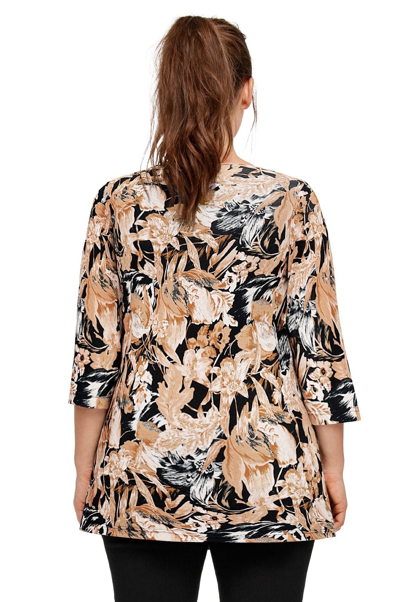 Stretch Knit V-neck 3/4 Sleeve Knot Front Tunic image number 1