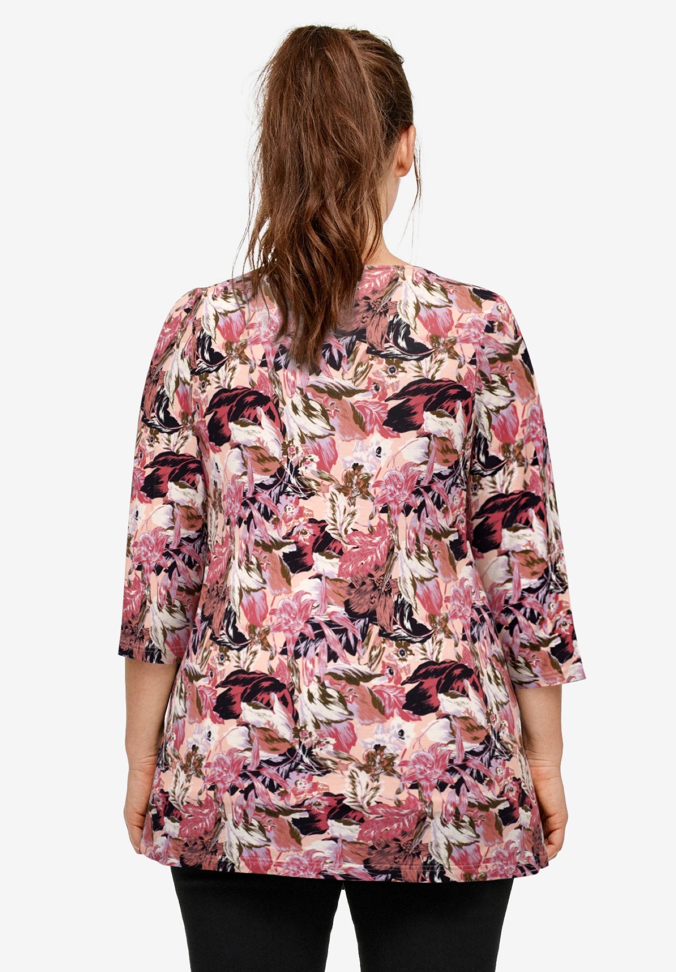 Stretch Jersey Knit V-Neck Three-Quarter Sleeve Knot Front Tunic image number 1