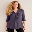 Stretch Jersey Knit V-Neck Three-Quarter Sleeve Knot Front Tunic image number null