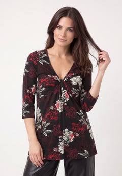 Stretch Jersey Knit V-Neck Three-Quarter Sleeve Knot Front Tunic