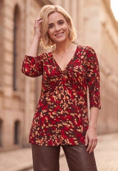 Stretch Jersey Knit V-Neck Three-Quarter Sleeve Knot Front Tunic