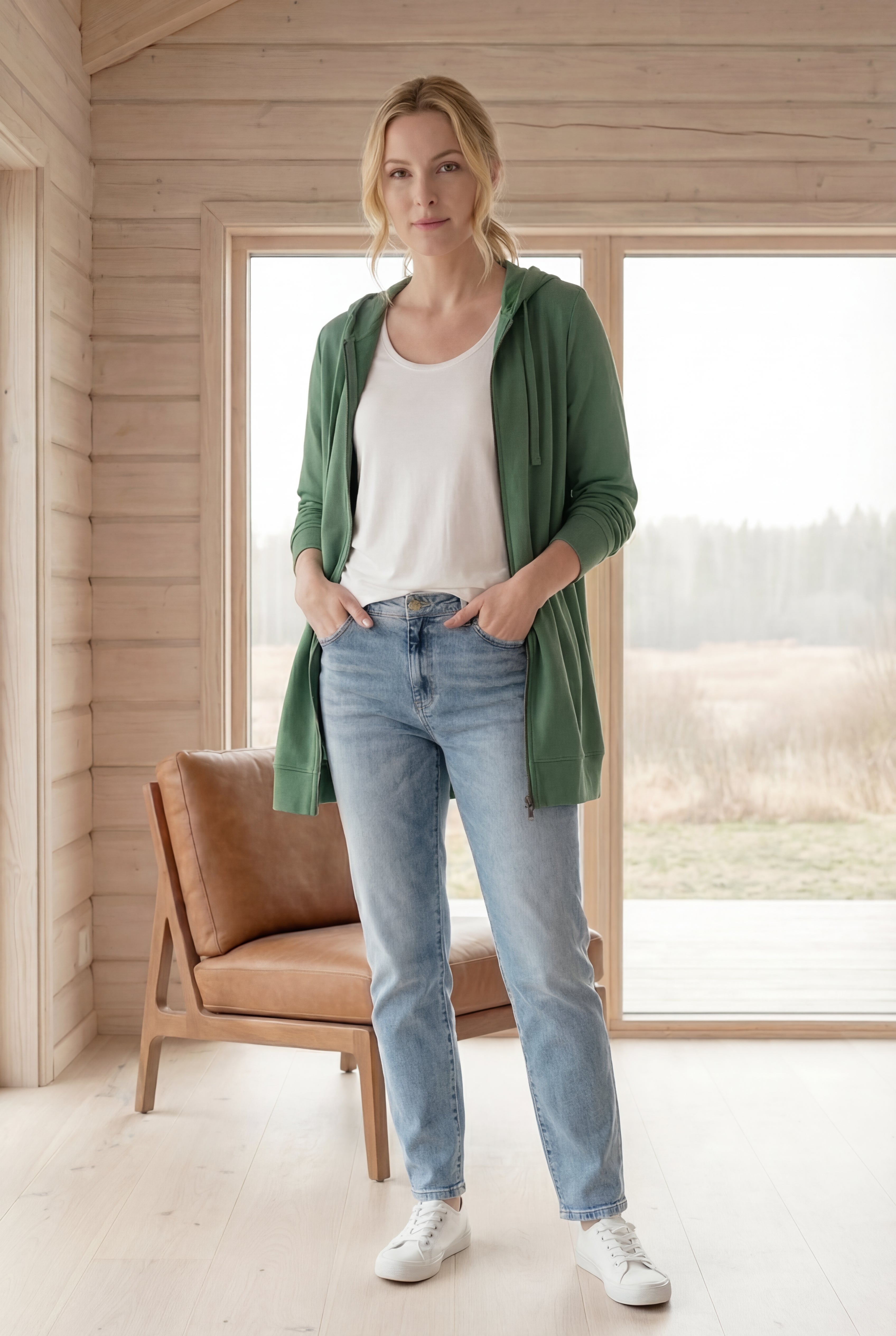 French Terry Long Sleeve Zip-Front Tunic Hoodie image number 4