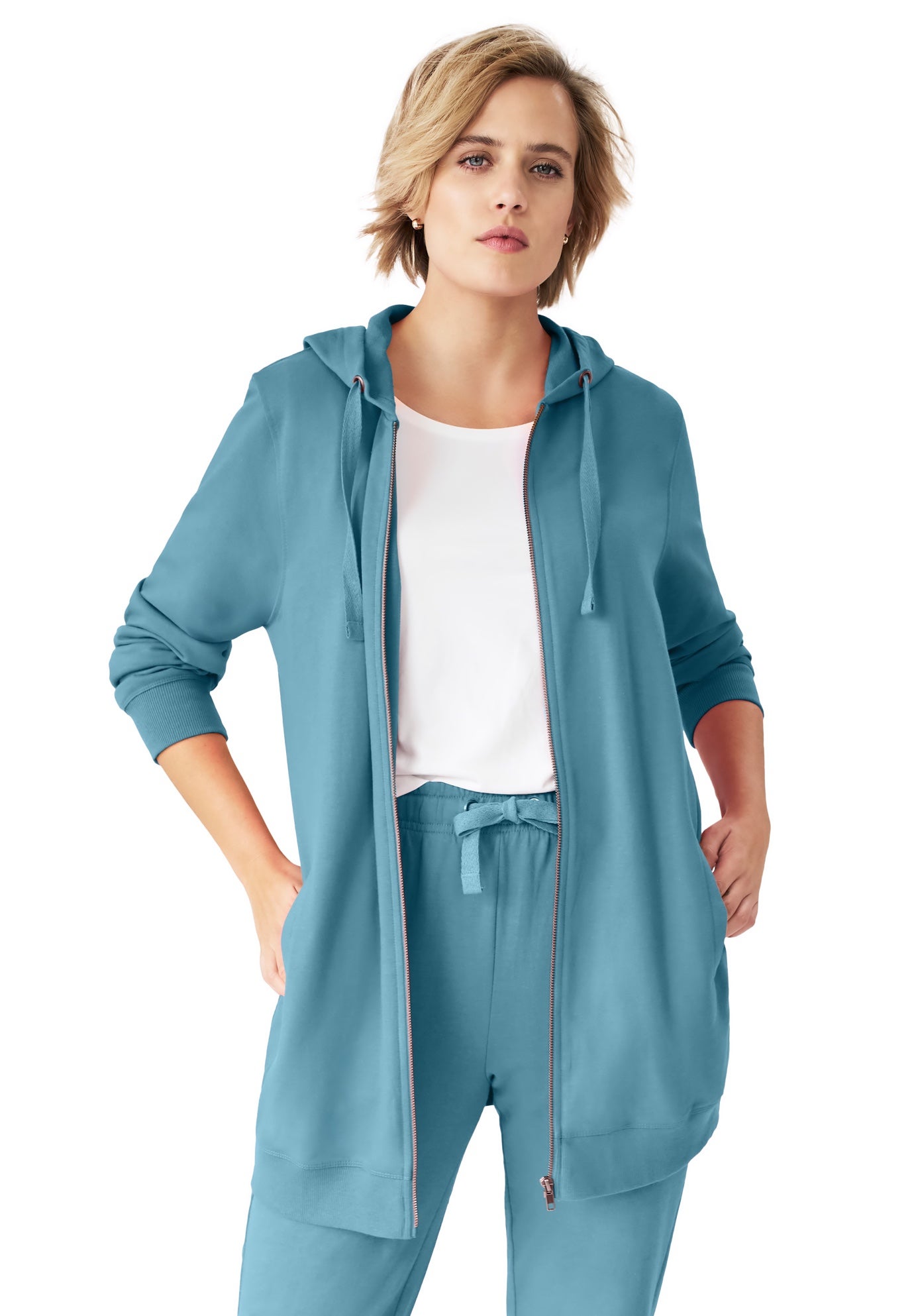 French Terry Long Sleeve Zip-Front Tunic Hoodie image number 0