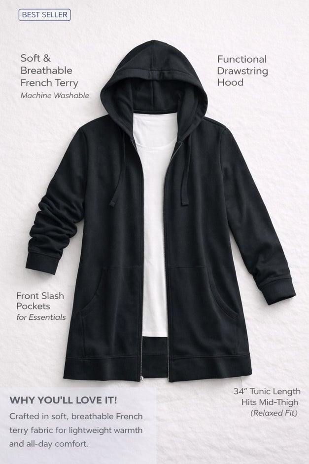 Long Zip Front Hoodie - French Terry Style, Grey Spruce | Ellos Long Zip Front Hoodie - French Terry Style, Grey Spruce | Ellos