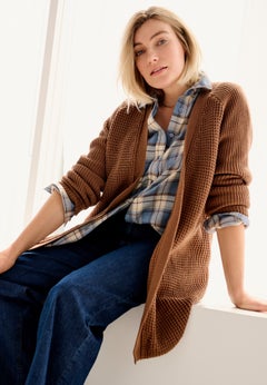Open Front Long Ribbed Sleeve Waffle Cardigan