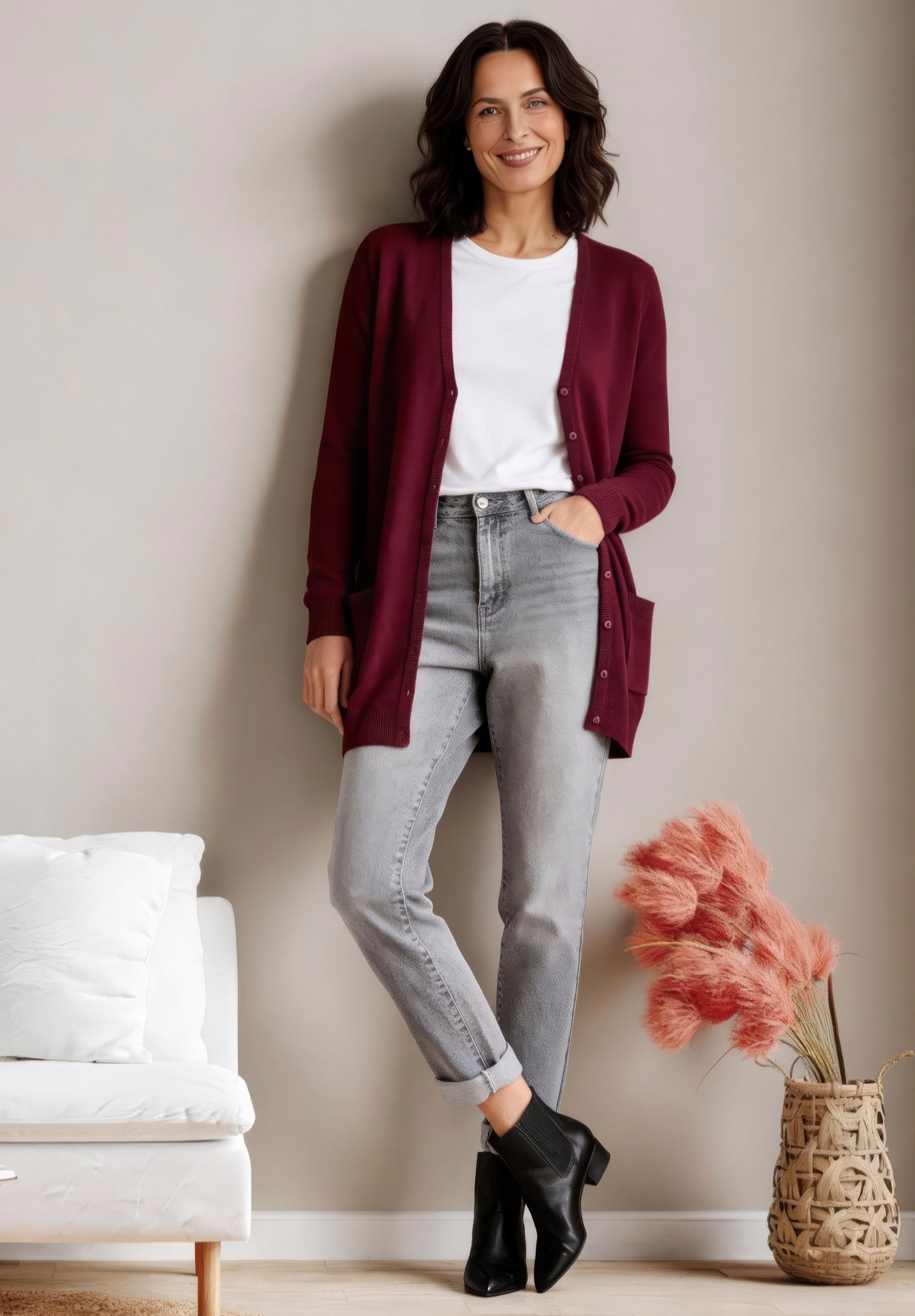 V-Neck Button-Front 100% Cotton Boyfriend Cardigan image number 0