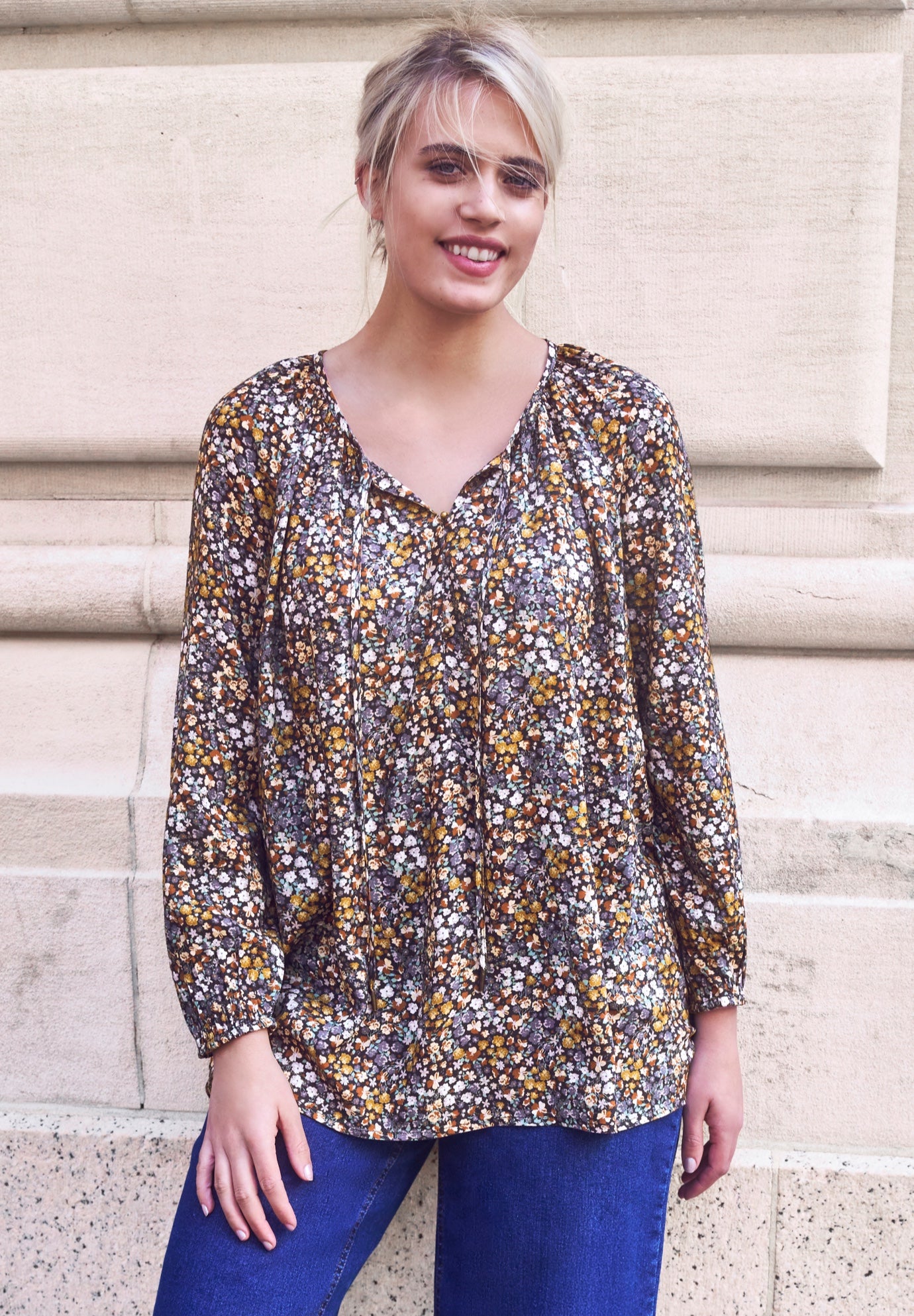 A-Line Long Sleeve Peasant Tunic with Tie-Neck Keyhole Neckline image number 0