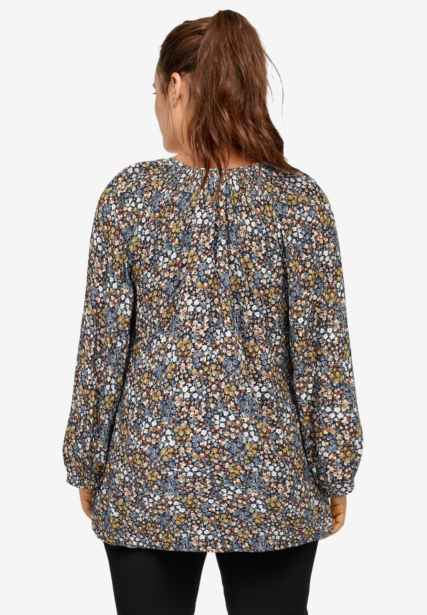 A-Line Long Sleeve Peasant Tunic with Tie-Neck Keyhole Neckline image number 1