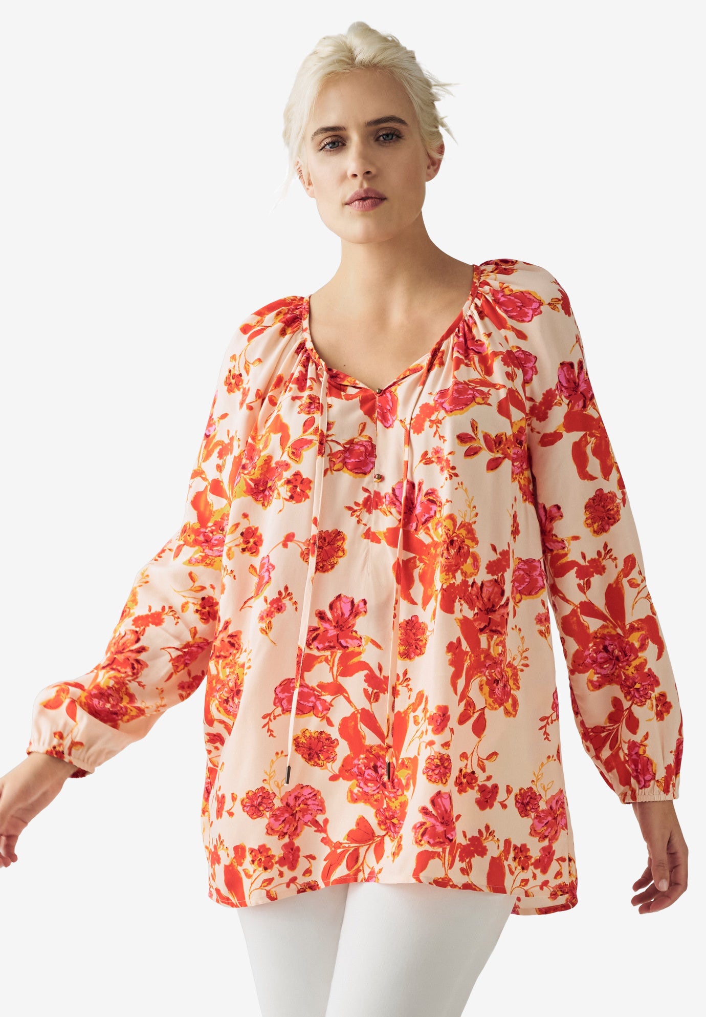 A-Line Long Sleeve Peasant Tunic with Tie-Neck Keyhole Neckline image number 0