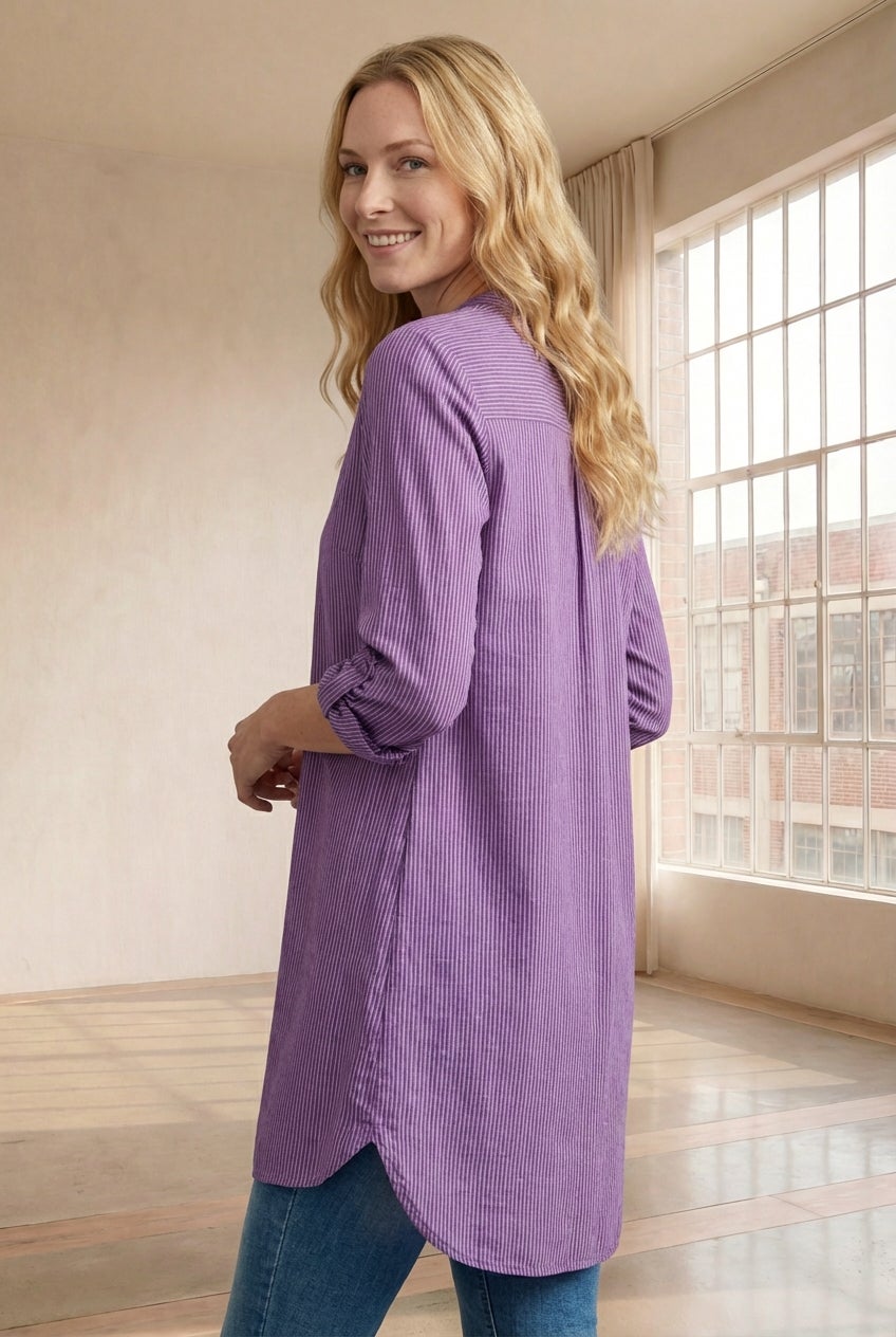 Three-Quarter Sleeve Roll Tab Relaxed Fit 100% Cotton Henley Tunic image number 1