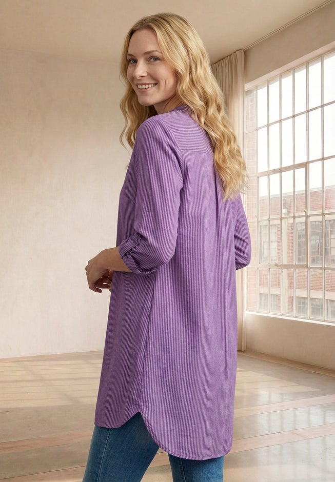 Three-Quarter Sleeve Roll Tab Relaxed Fit 100% Cotton Henley Tunic image number 1