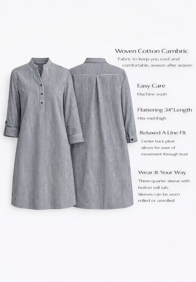 Three-Quarter Sleeve Roll Tab Relaxed Fit 100% Cotton Henley Tunic image number 2