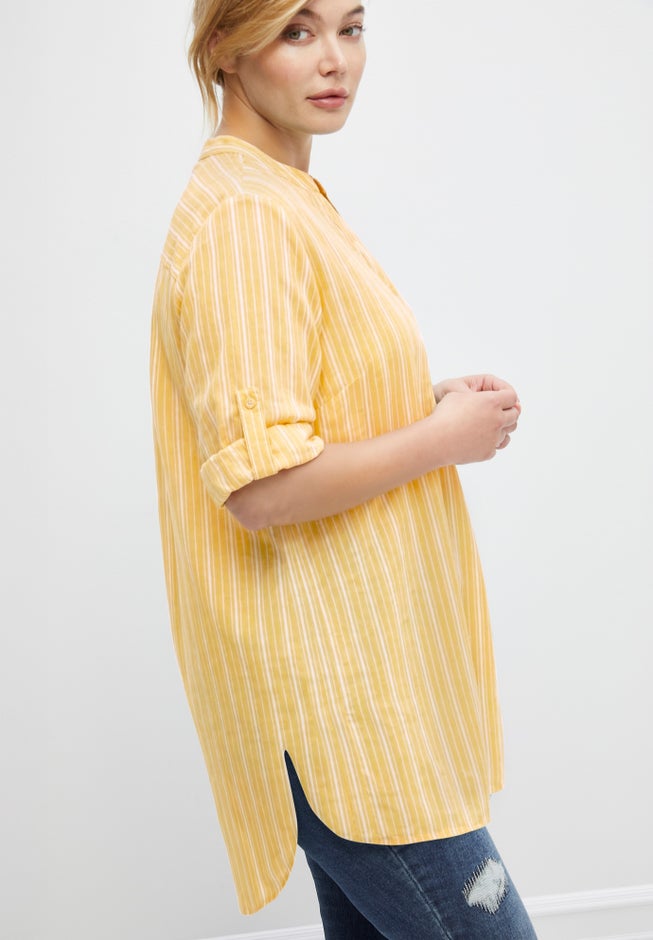 Three-Quarter Sleeve Roll Tab Relaxed Fit 100% Cotton Henley Tunic image number 1