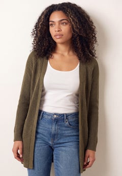Open Front Long Ribbed Sleeve Waffle Cardigan