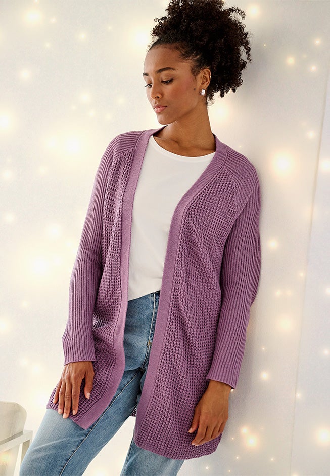 Open Front Long Ribbed Sleeve Waffle Cardigan image number 0