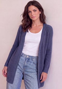 Open Front Long Ribbed Sleeve Waffle Cardigan