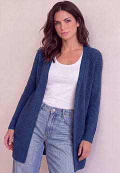 Open Front Long Ribbed Sleeve Waffle Cardigan