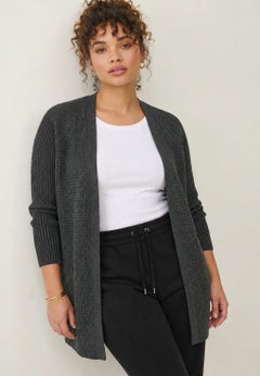 Open Front Long Ribbed Sleeve Waffle Cardigan