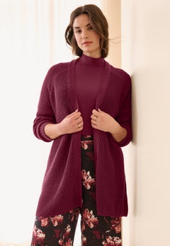 Open Front Long Ribbed Sleeve Waffle Cardigan