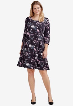 Stretch Knit Scoop Neck 3/4 Sleeve A Line Dress