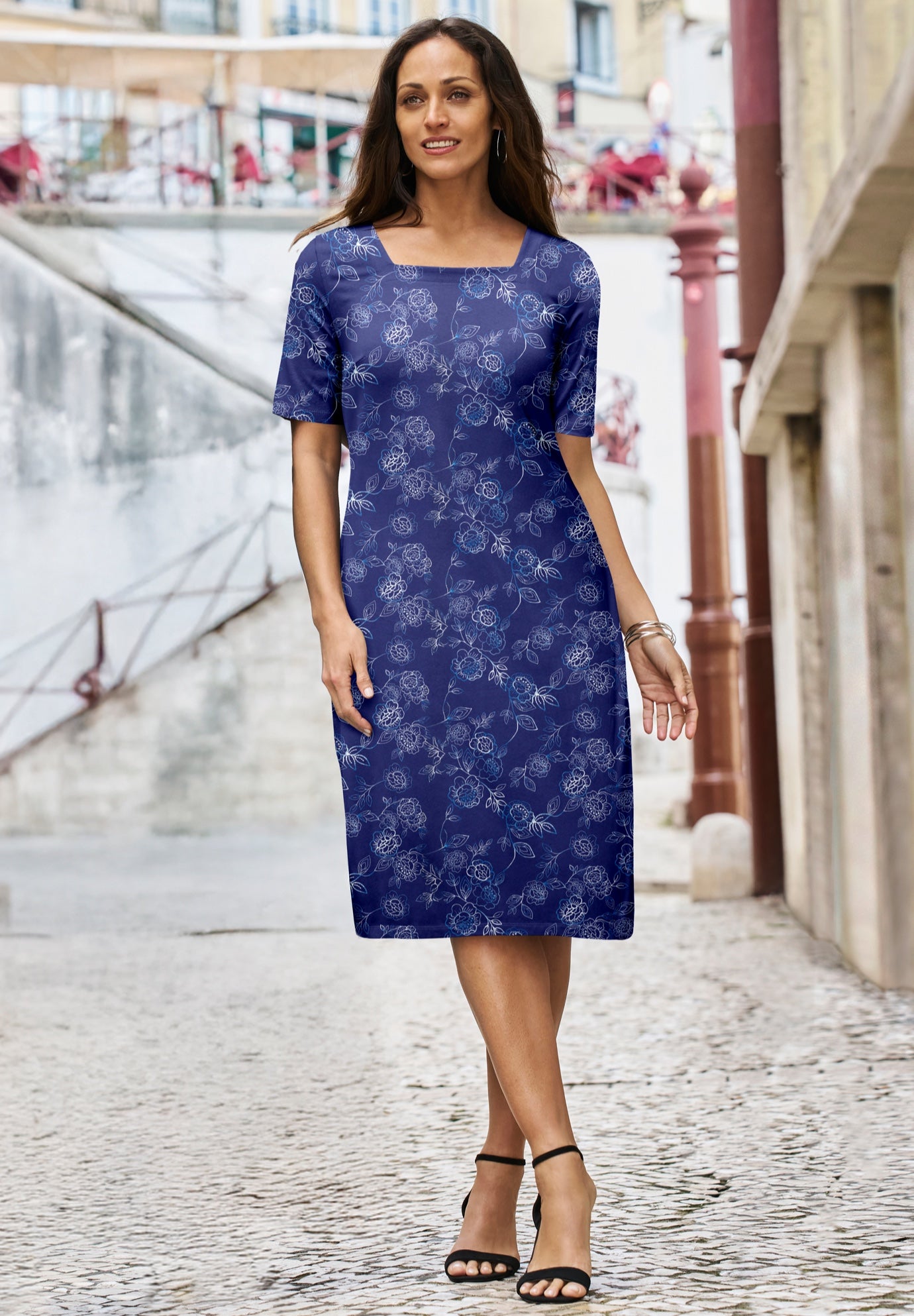 Stretch Cotton Square Neck Midi Dress image number 0