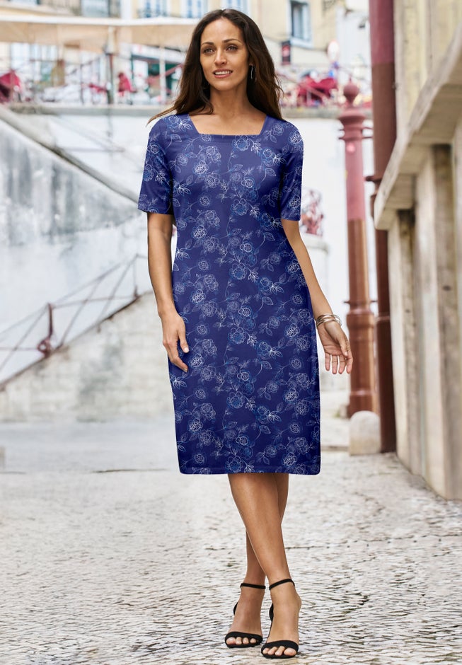 Stretch Cotton Square Neck Midi Dress image number 0