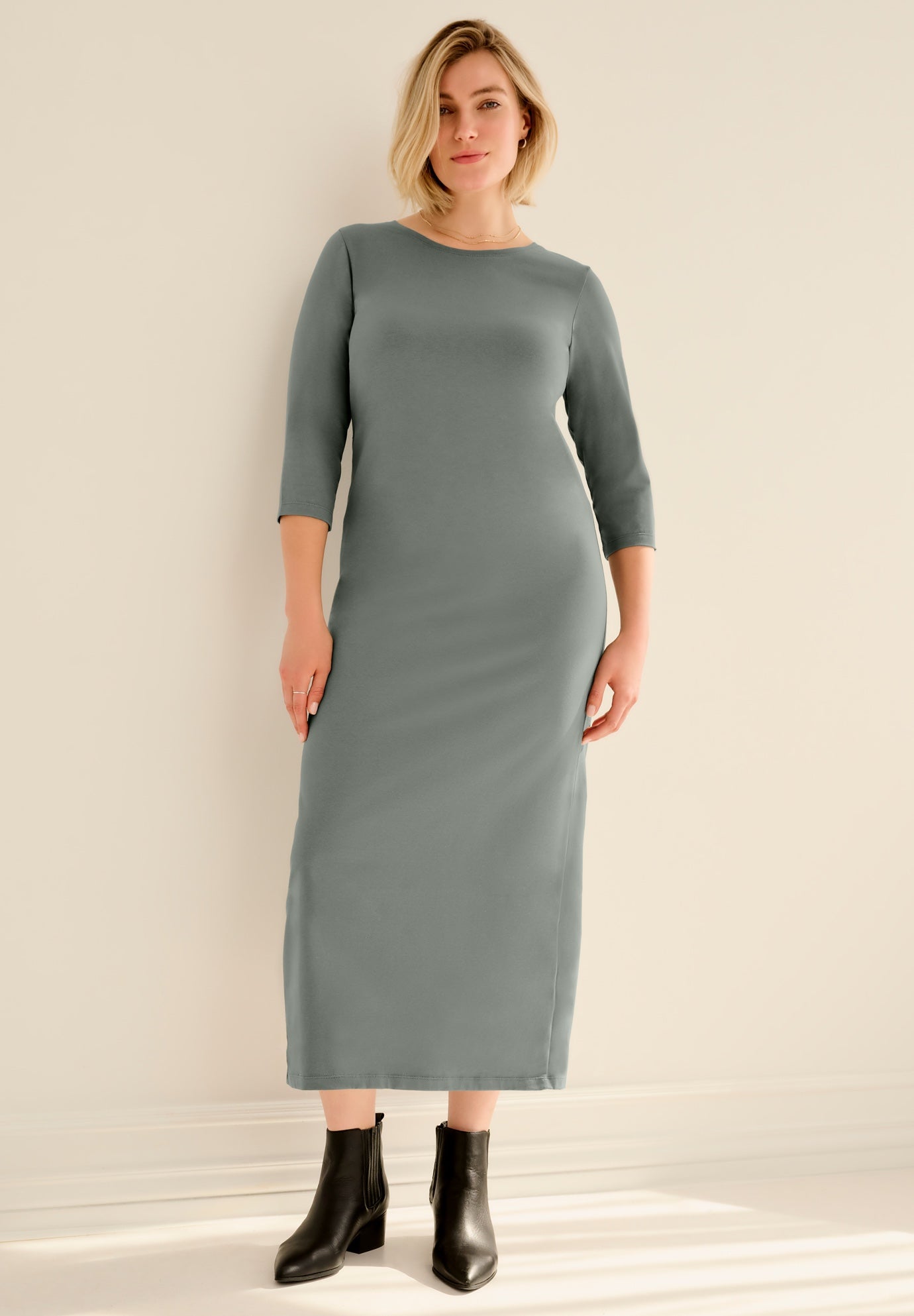 Cotton Spandex Jersey Three-Quarter Sleeve Scoopneck Maxi Dress image number 0