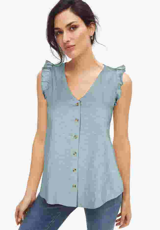 Button-Front Ruffle Sleeve Tank image number 0