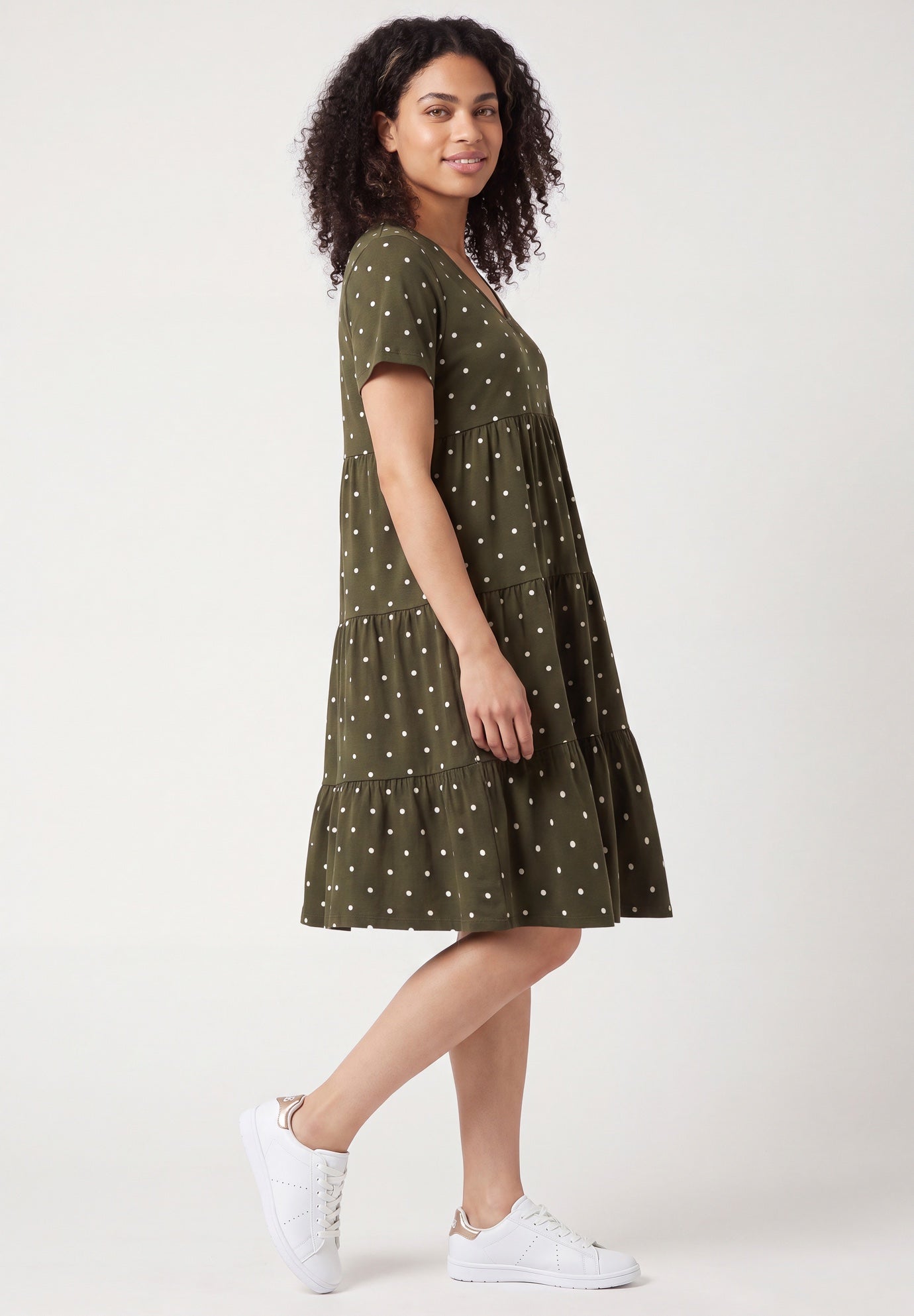 Cotton Spandex V-Neck Short Sleeve Tiered A-Line Dress image number 2