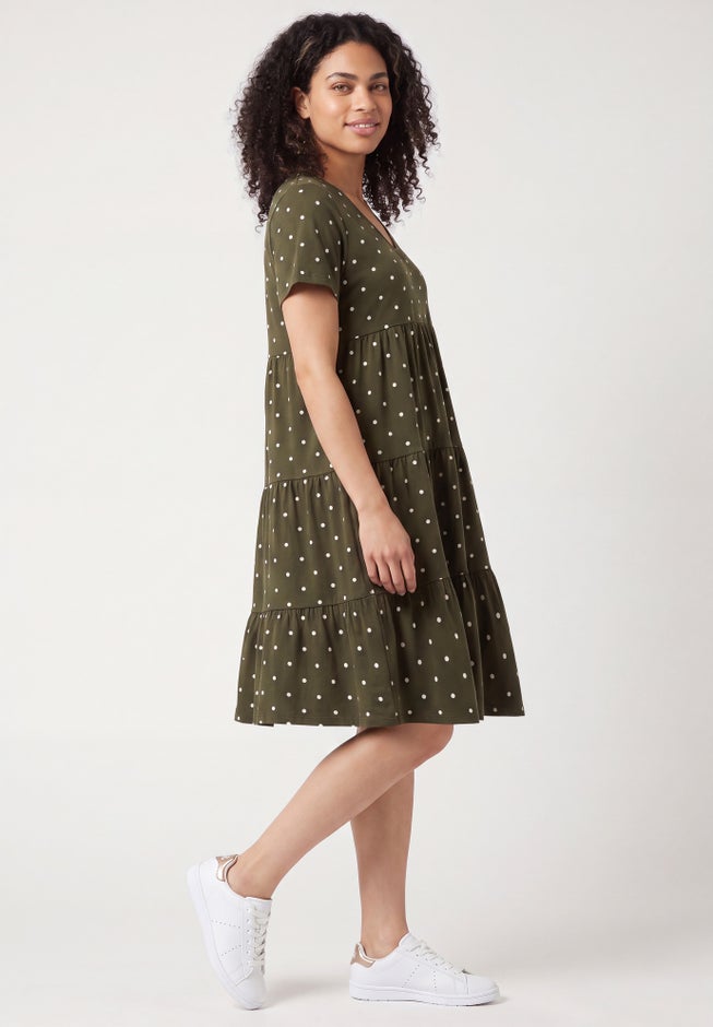 Cotton Spandex V-Neck Short Sleeve Tiered A-Line Dress image number 2