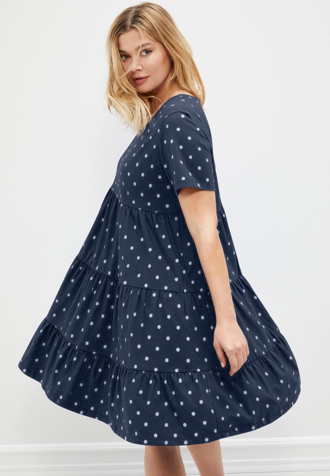 Cotton Spandex Scoop Neck Short Sleeve Tiered A Line Dress image number 1