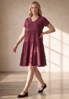 Cotton Spandex V-Neck Short Sleeve Tiered A-Line Dress