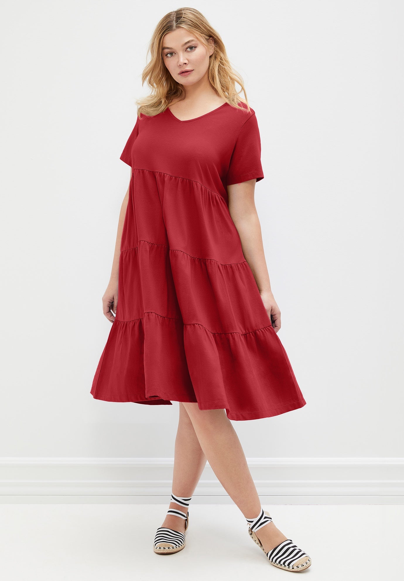 Cotton Spandex Scoop Neck Short Sleeve Tiered A Line Dress image number 0