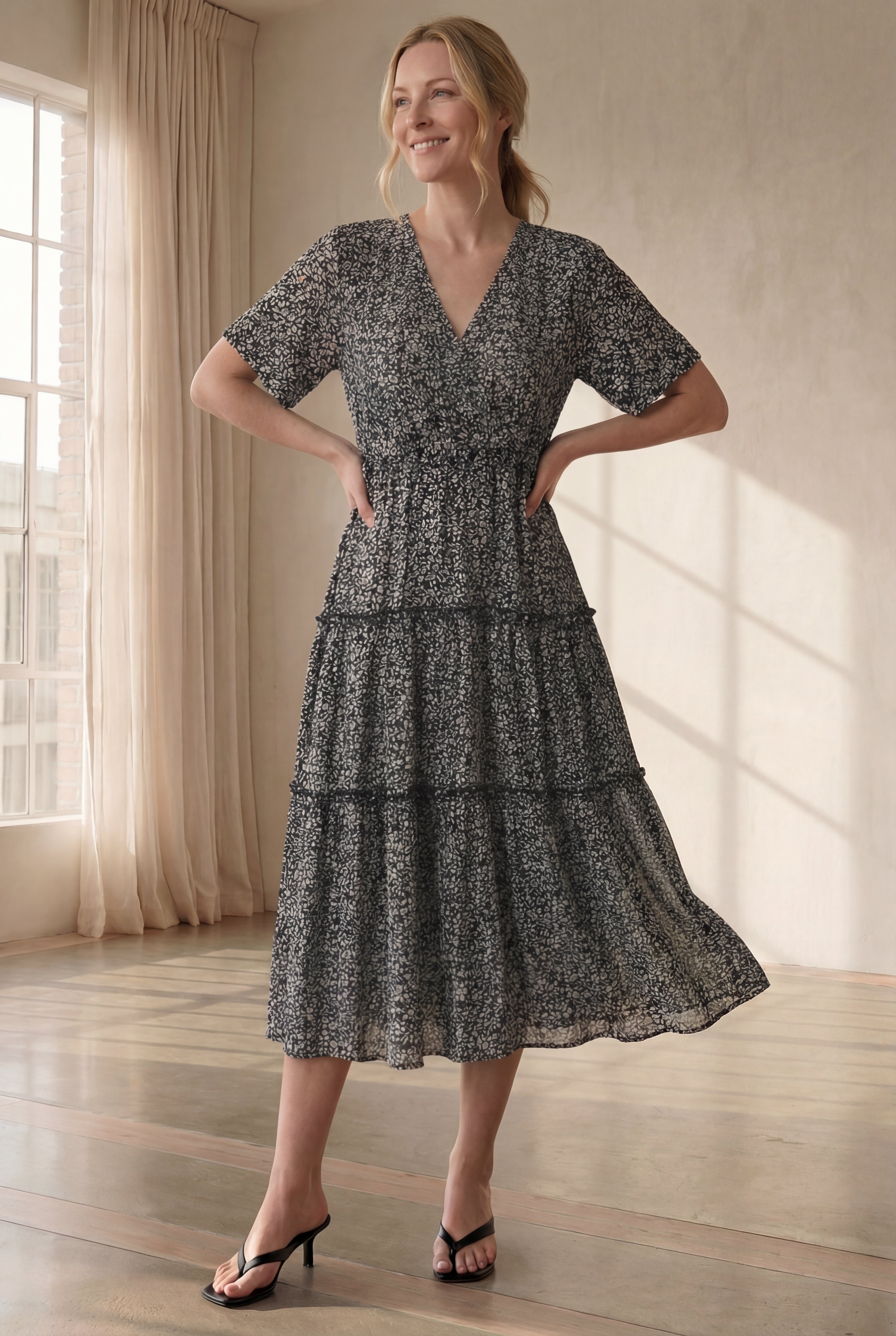 Tiered Midi Dress With Surplice Neckline image number 0