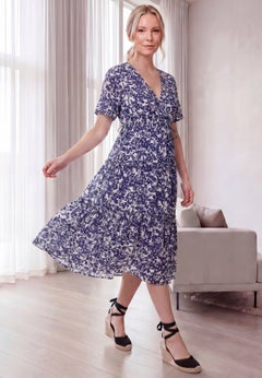 Crinkle Crepe V-Neck Faux Wrap Tiered Midi Dress