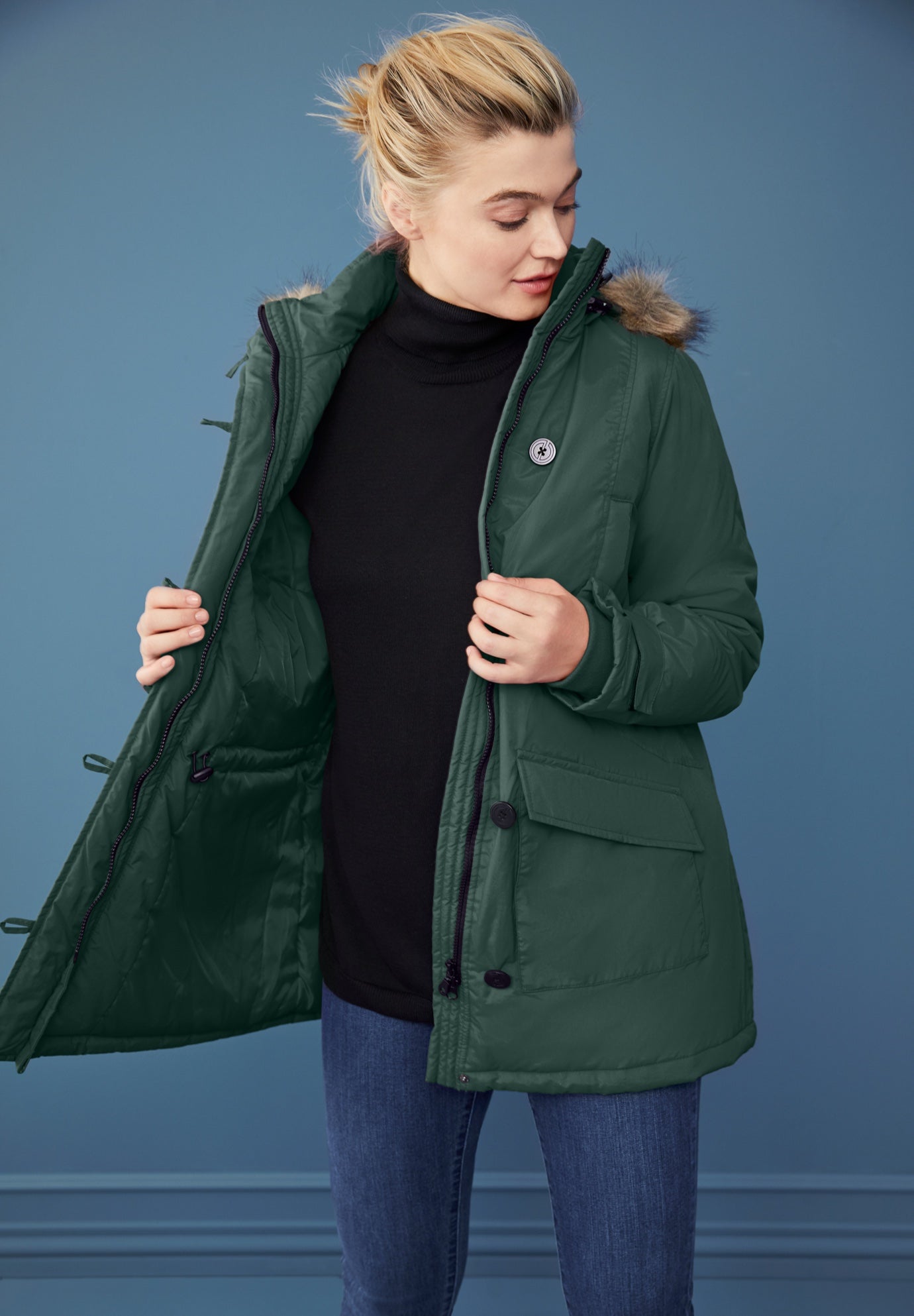 Faux Fur Trim Two-Way Zip-Front Mid-Length Parka image number 0