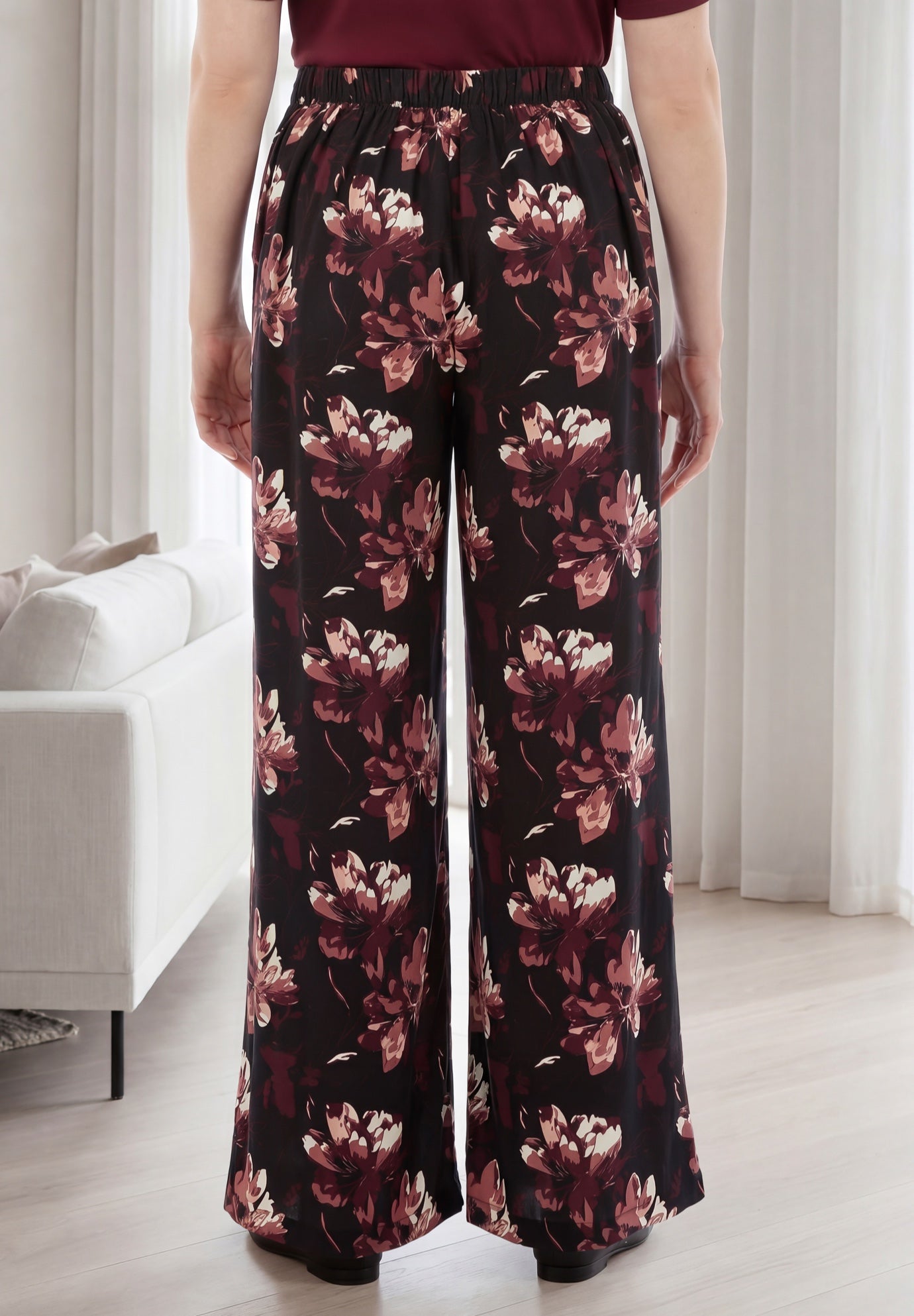 Wide-Leg Back Elastic Flat Front Soft Pants image number 1